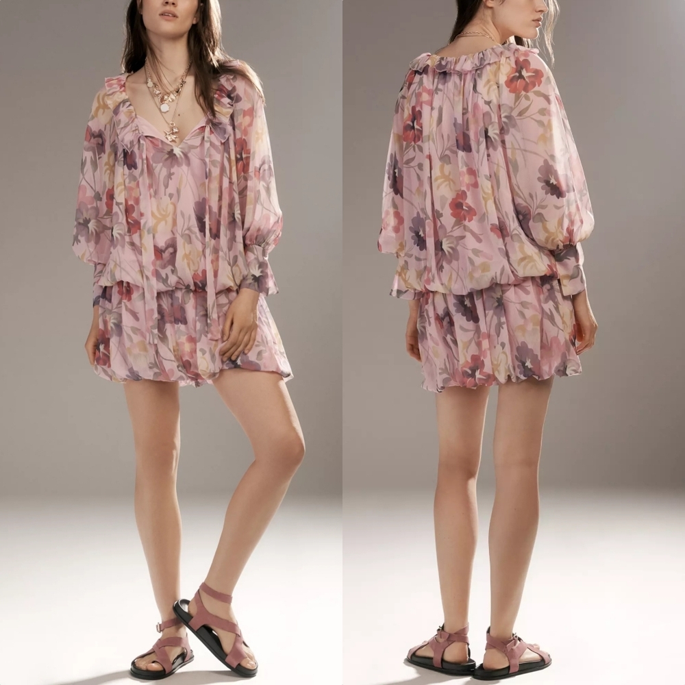 🆕️ Anthro Mare Mare Long Sleeve Bubble Mini Dress in Baby Pink Floral